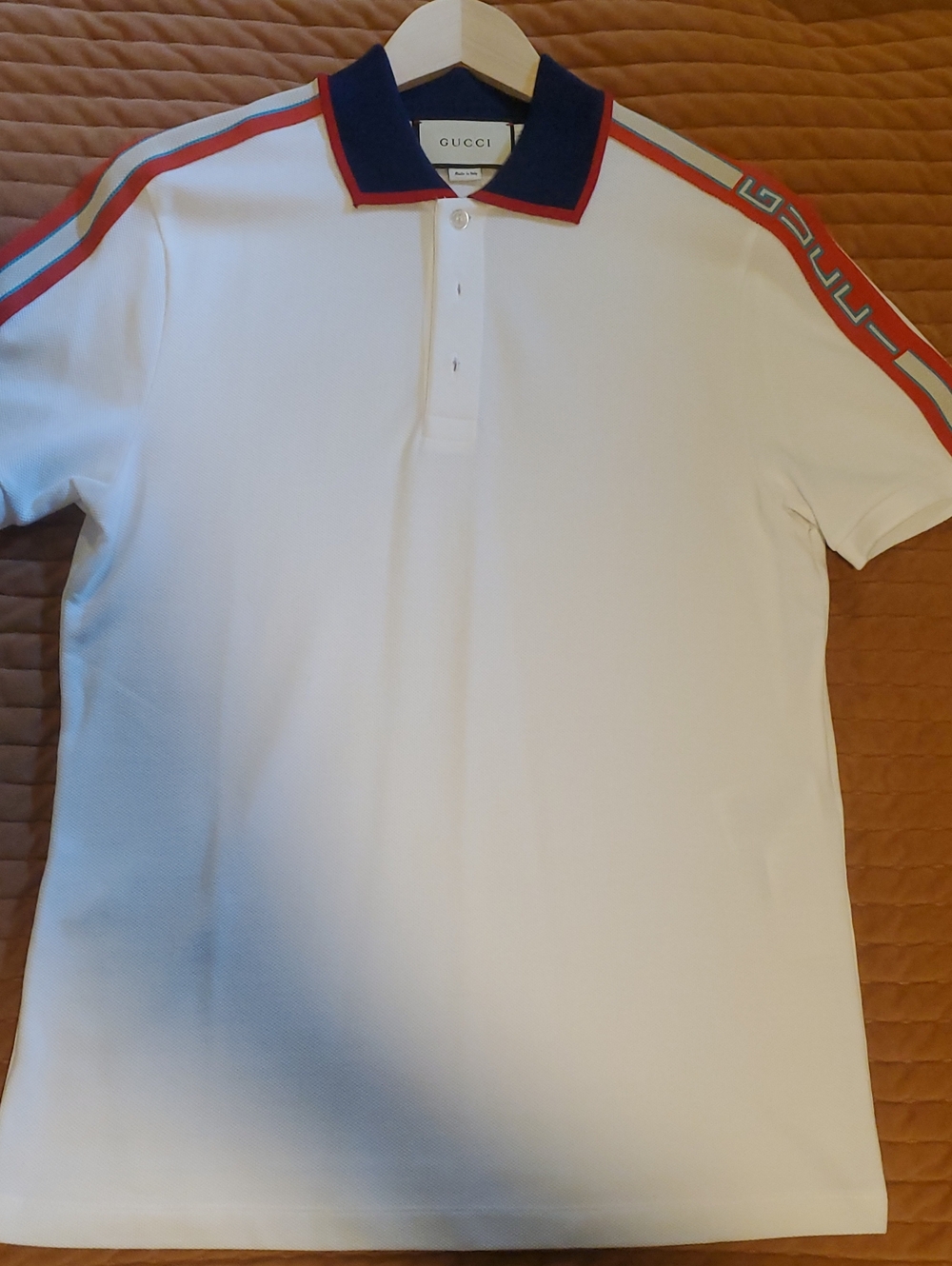 Gucci White Polo with Navy Collar and Red-Trim Shoulder Stripes